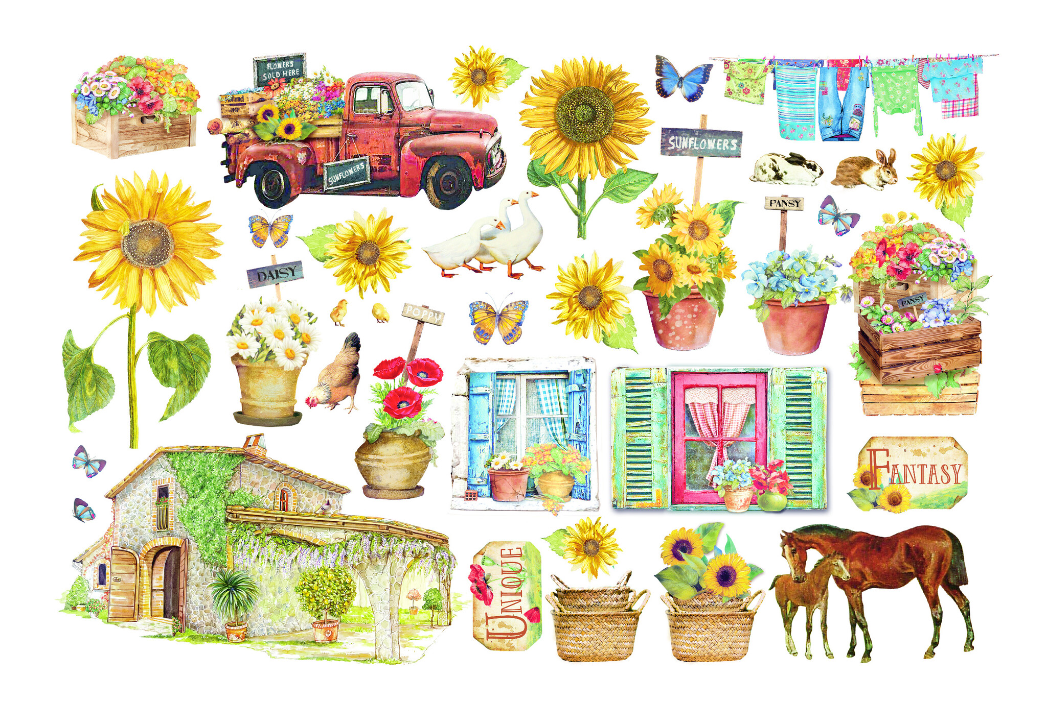 Stamperia Ephemera  - Sunflower Art elemens and sunflowers