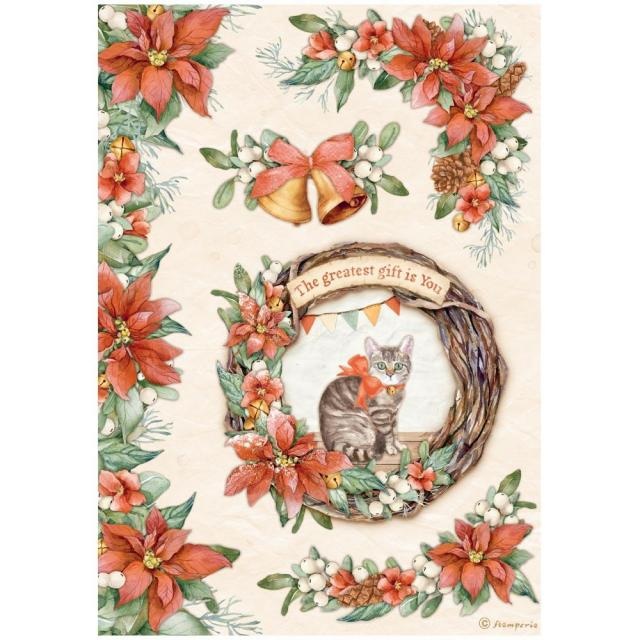 Stamperia A4 Rice paper packed - All Around Christmas garland with cat