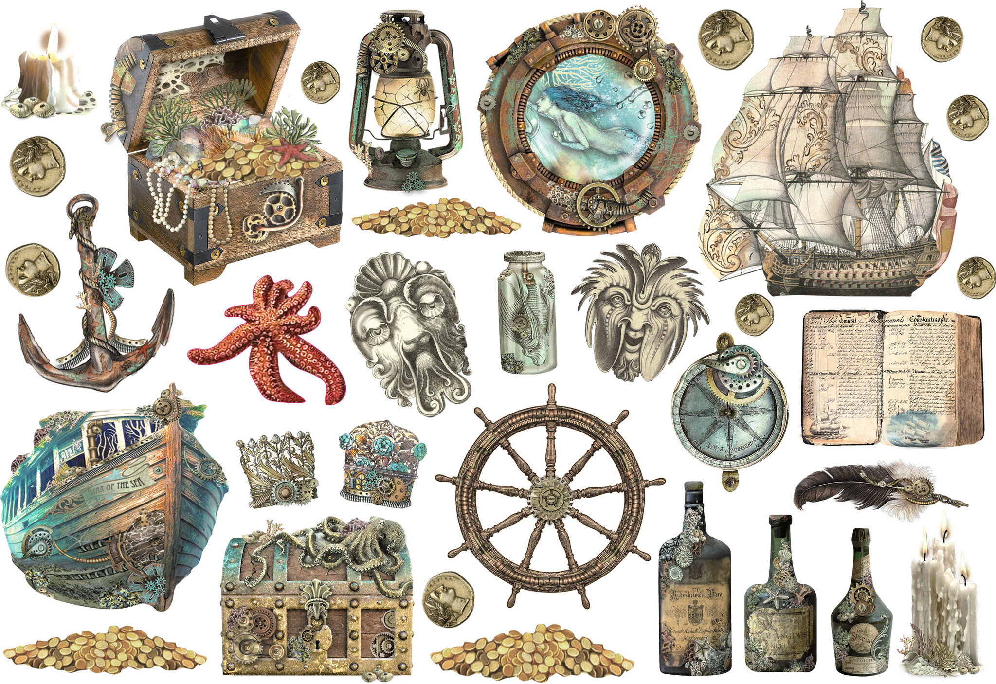 Stamperia Ephemera  - Songs of the Sea Sea sailing ship and elements