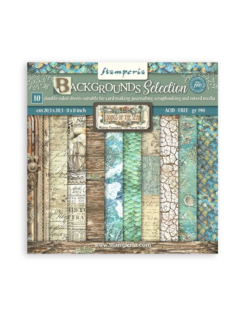 Stamperia Scrapbooking Small Pad 10 sheets cm 20,3X20,3 (8"X8") Backgrounds Selection - Songs of the Sea