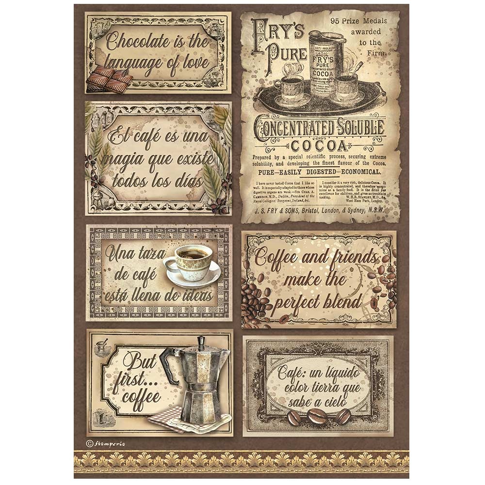 Stamperia A4 Rice paper packed - Coffee and Chocolate labels