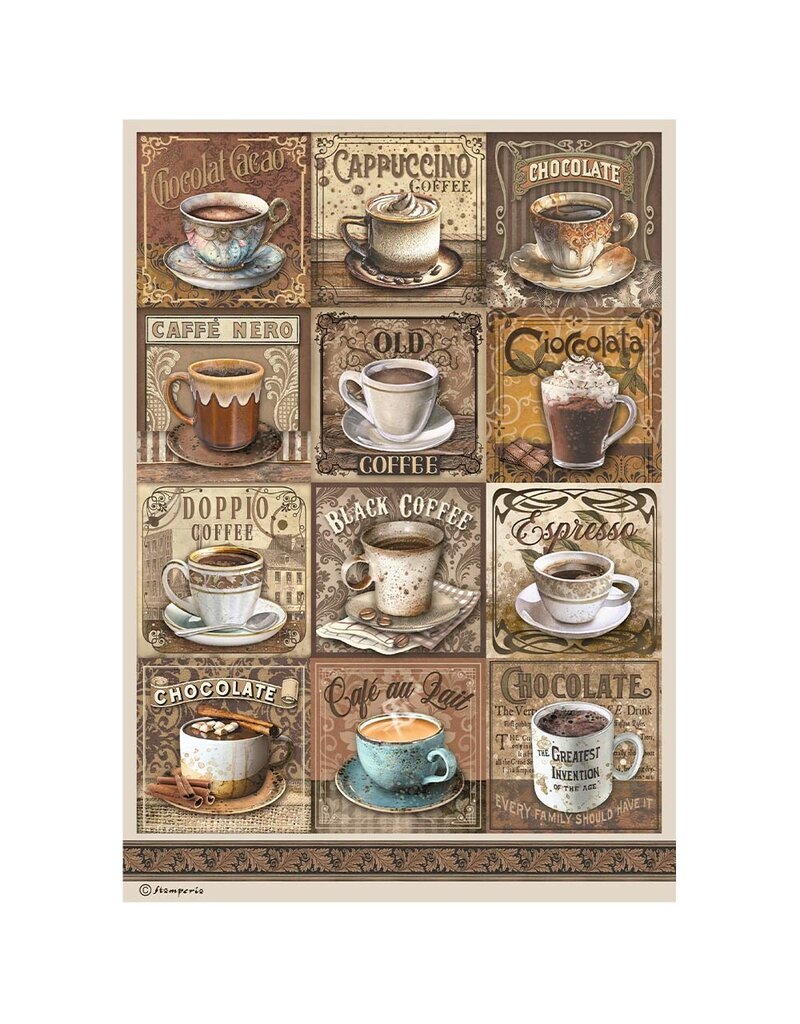 Stamperia A4 Rice paper packed - Coffee and Chocolate tags with cups