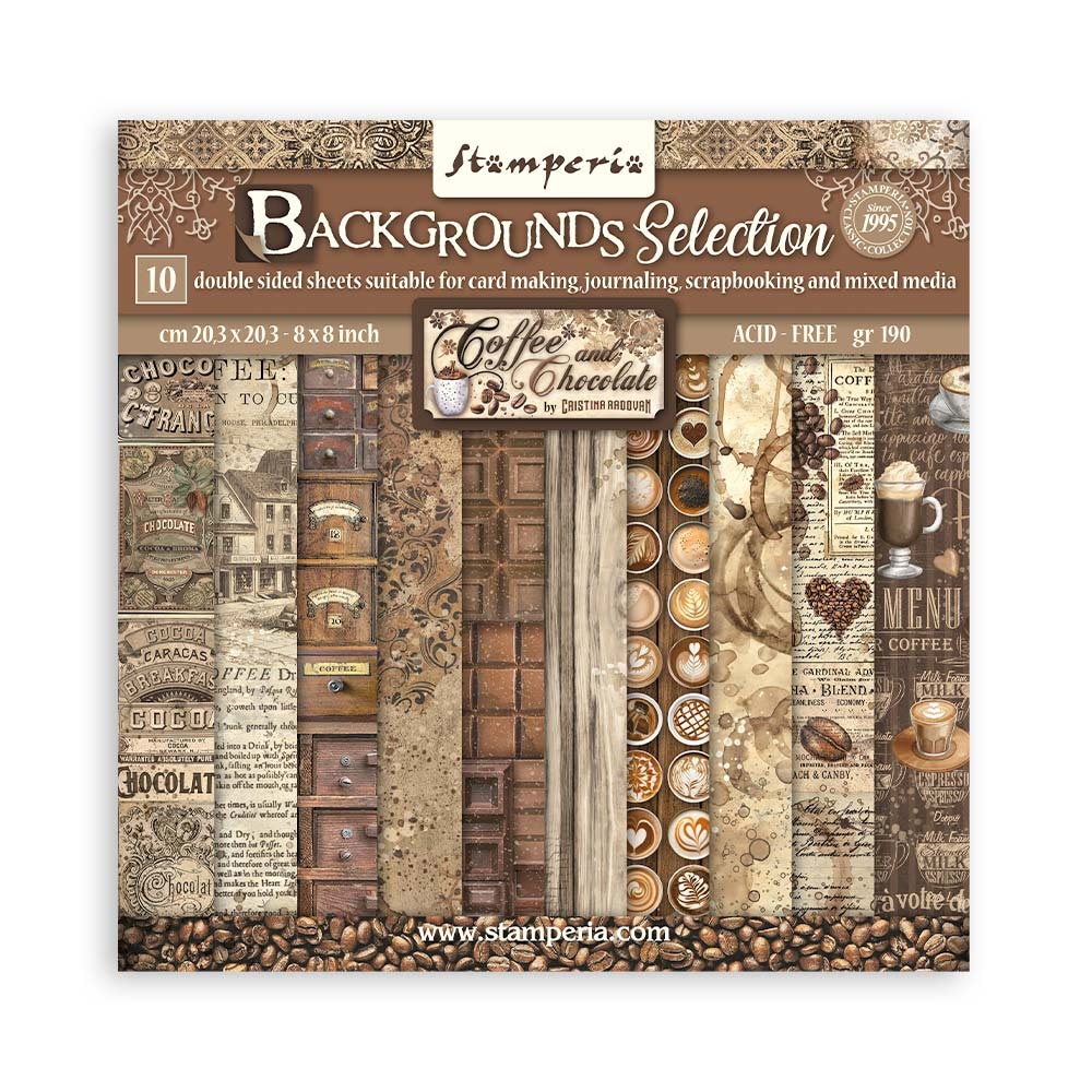 Stamperia Scrapbooking Small Pad 10 sheets cm 20,3X20,3 (8"X8") Backgrounds Selection - Coffee and Chocolate