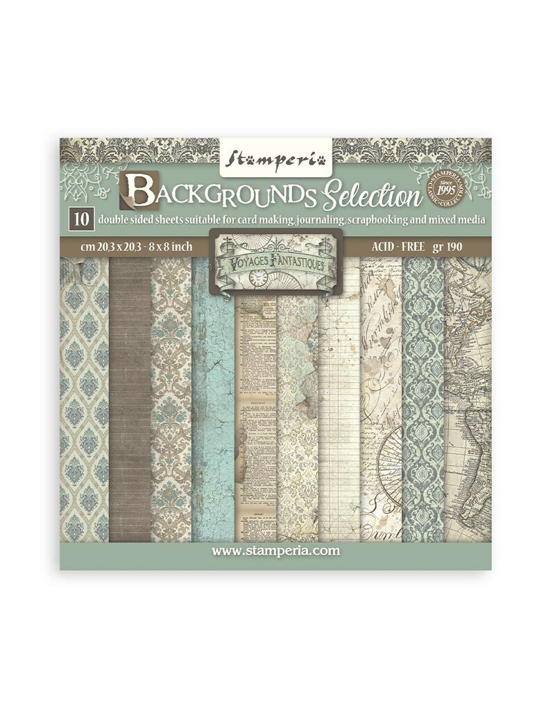 Stamperia Scrapbooking Small Pad 10 sheets cm 20,3X20,3 (8"X8") Backgrounds Selection - Voyages Fantastiques