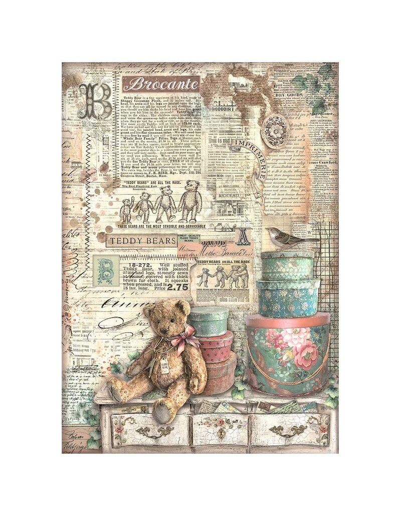 Stamperia A4 Rice paper packed - Brocante Antiques teddy bears