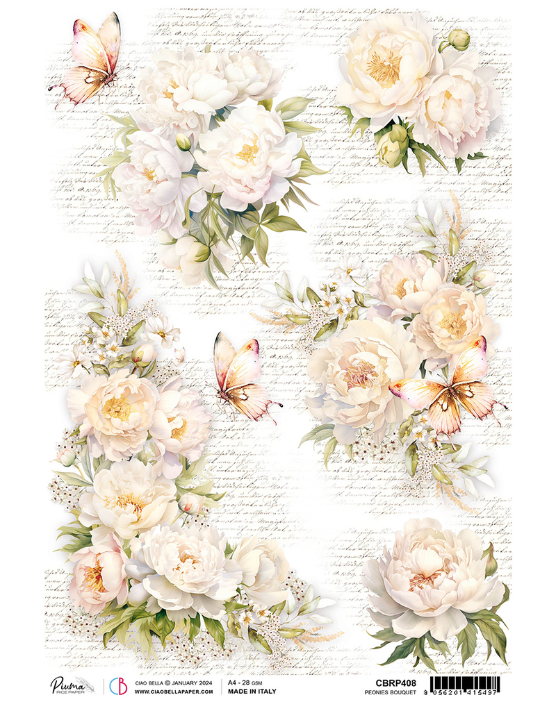 Ciao Bella RICE PAPER A4 PEONIES BOUQUET