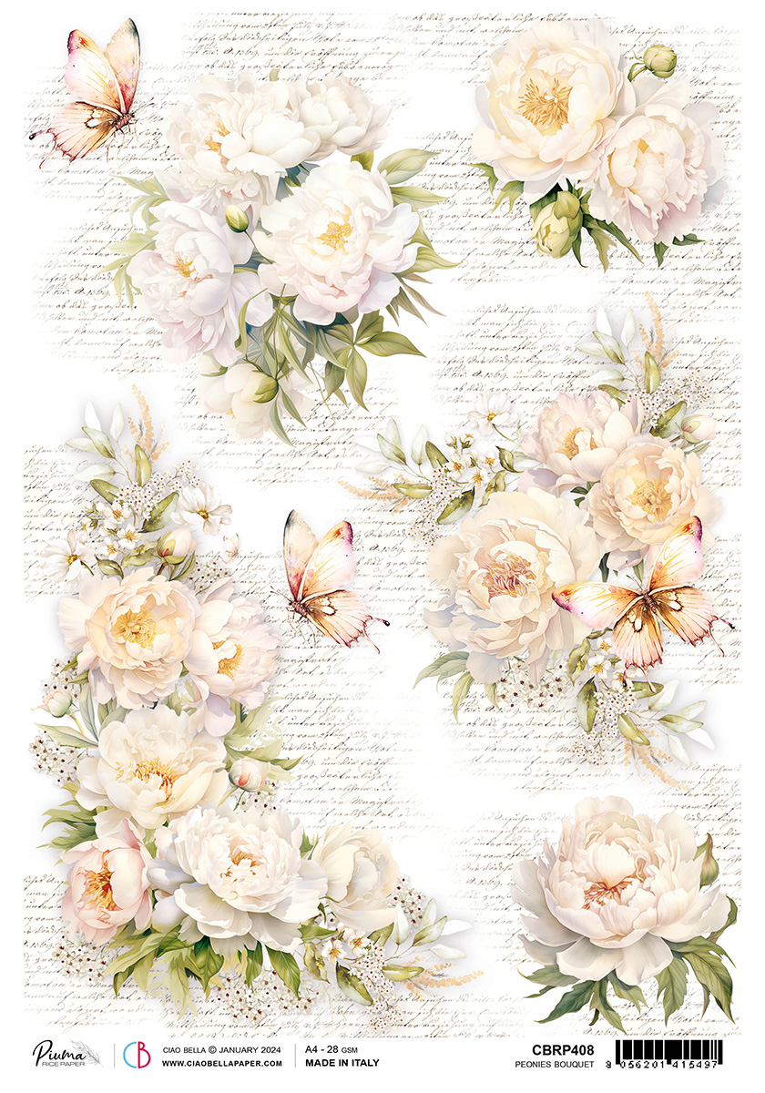 Ciao Bella RICE PAPER A4 PEONIES BOUQUET
