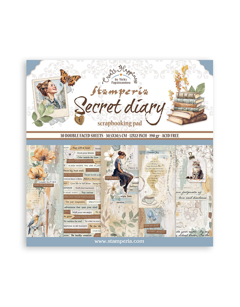 Stamperia Scrapbooking Pad 10 sheets cm 30,5x30,5 (12"x12") - Create Happiness Secret Diary