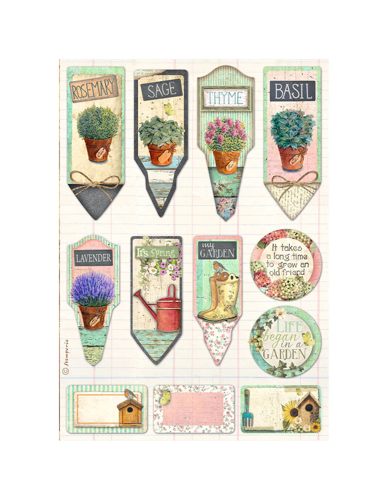 Stamperia A4 Rice paper packed - Garden tags and labels