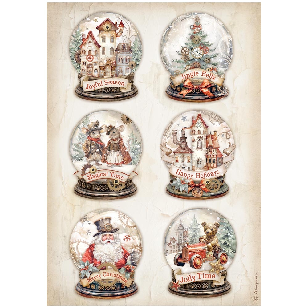 Stamperia A4 Rice paper packed - Gear up for Christmas snowglobes
