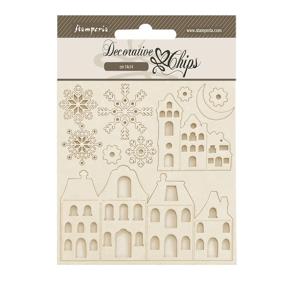 Stamperia Decorative chips cm 14x14 - Gear up for Christmas cozy houses