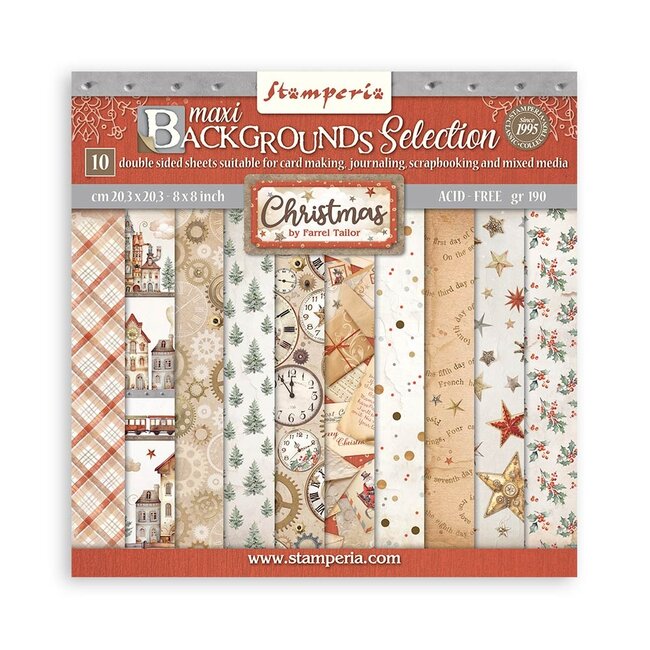 Stamperia Papierblok 20,3x20,3 cm - 10 vellen -  Backgrounds Selection - Gear up for Christmas