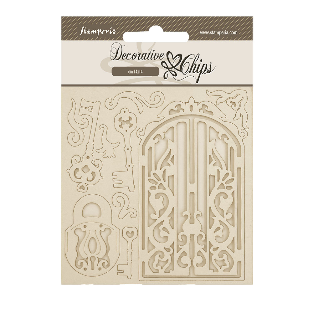 Stamperia Decorative chips cm 14x14 - Old Lace gate and key