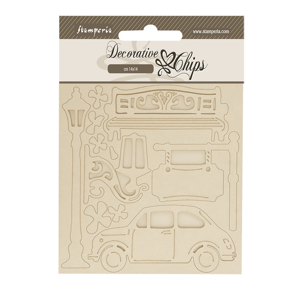Stamperia Decorative chips cm 14x14 - Art of Travelling car