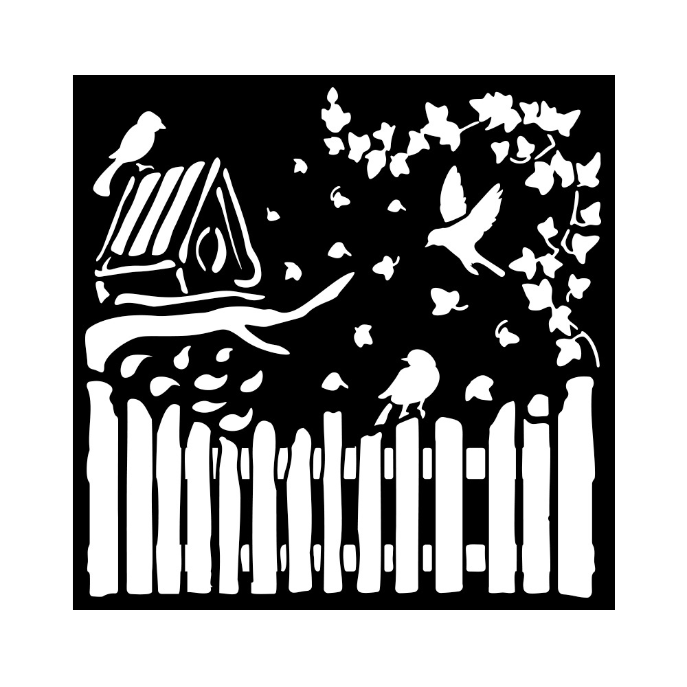 Stamperia Thick stencil cm 18X18 - House of Roses fence and birds