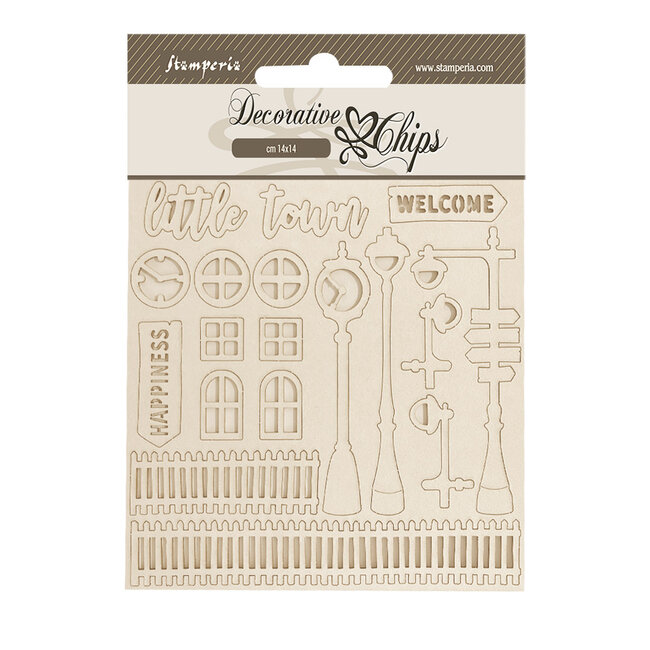 Stamperia Assortment Village: 4 crafty shapes and 2 Decorative chips