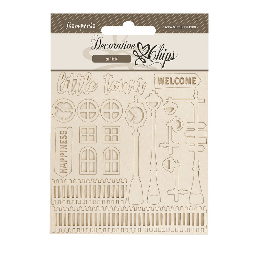 Stamperia Assortment Village: 4 crafty shapes and 2 Decorative chips