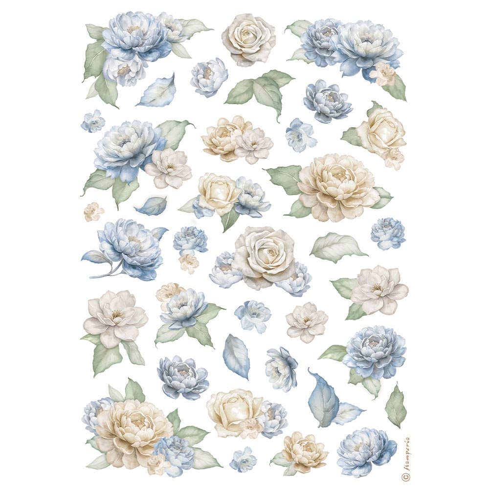 Stamperia A4 Rice paper packed - Timeless roses and blue flowers pattern