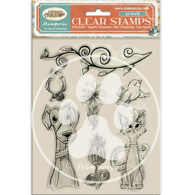 Stamperia Acrylic stamp cm 14x18 - Furry Friends dog, cat and flowers