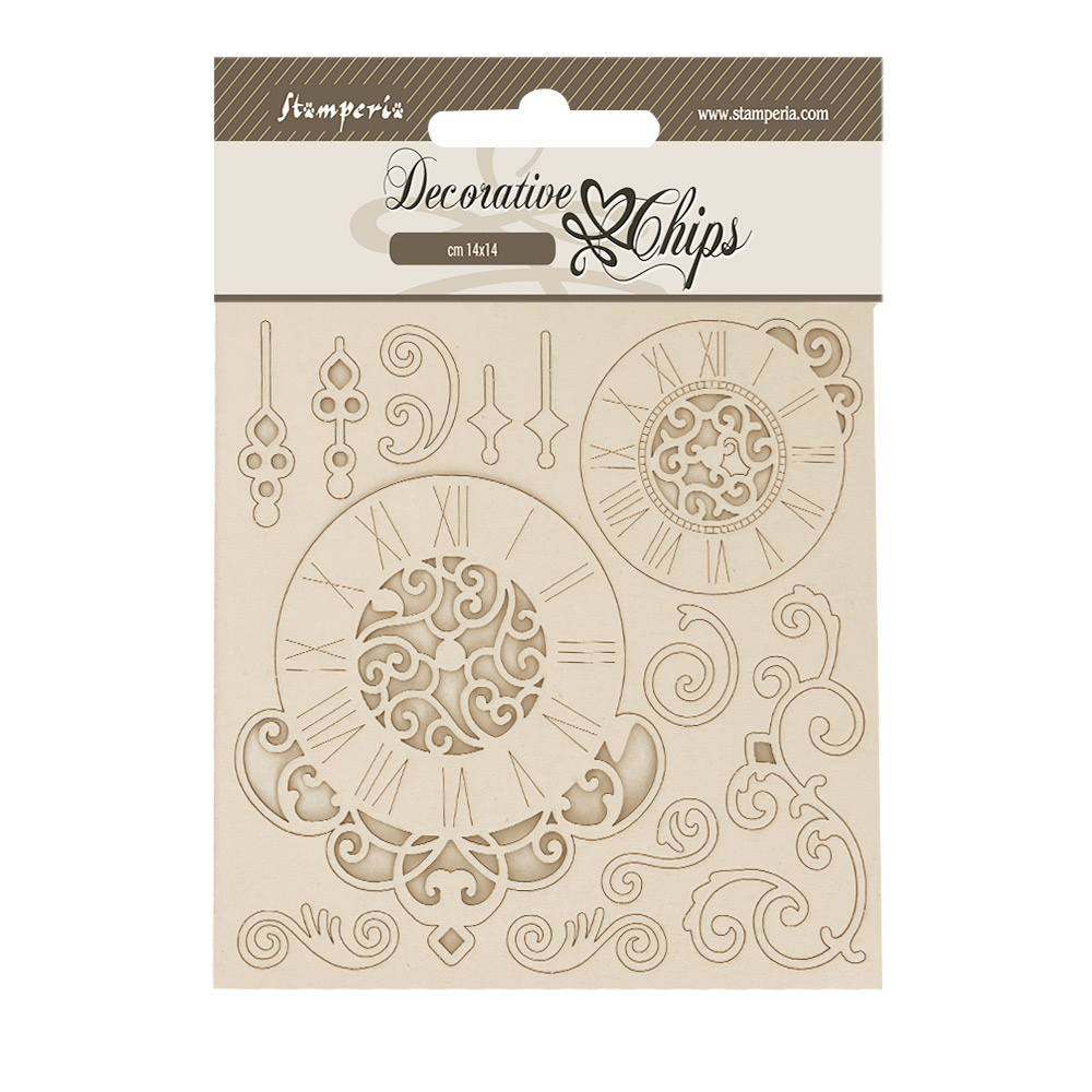 Stamperia Decorative chips cm 14x14 - Quiet Days clock & swirls