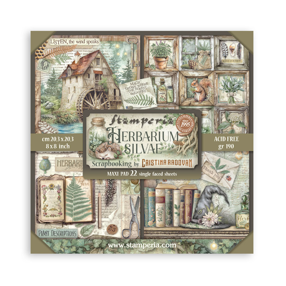 Stamperia Scrapbooking Pad 22 sheets cm 20,3X20,3 (8"X8") Single Face Herbarium Silvae