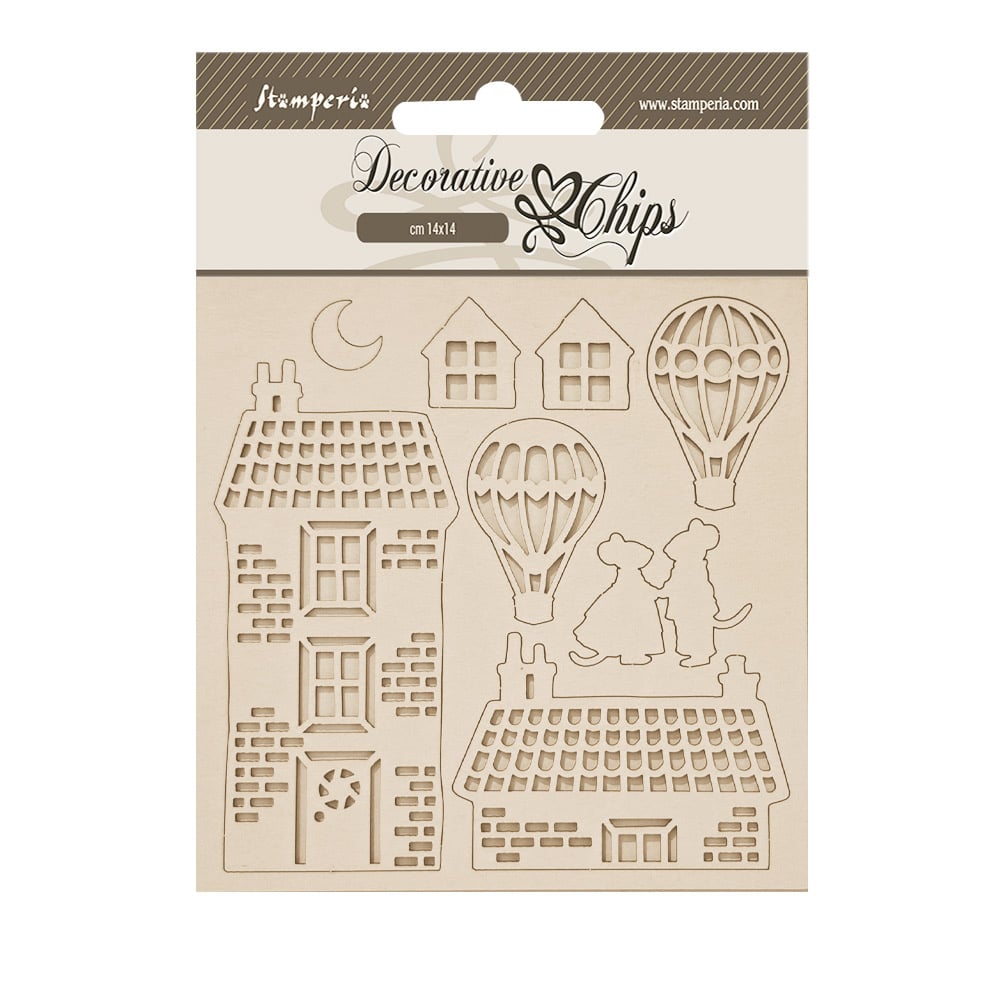 Stamperia Decorative chips cm 14x14 - Family House and balloons