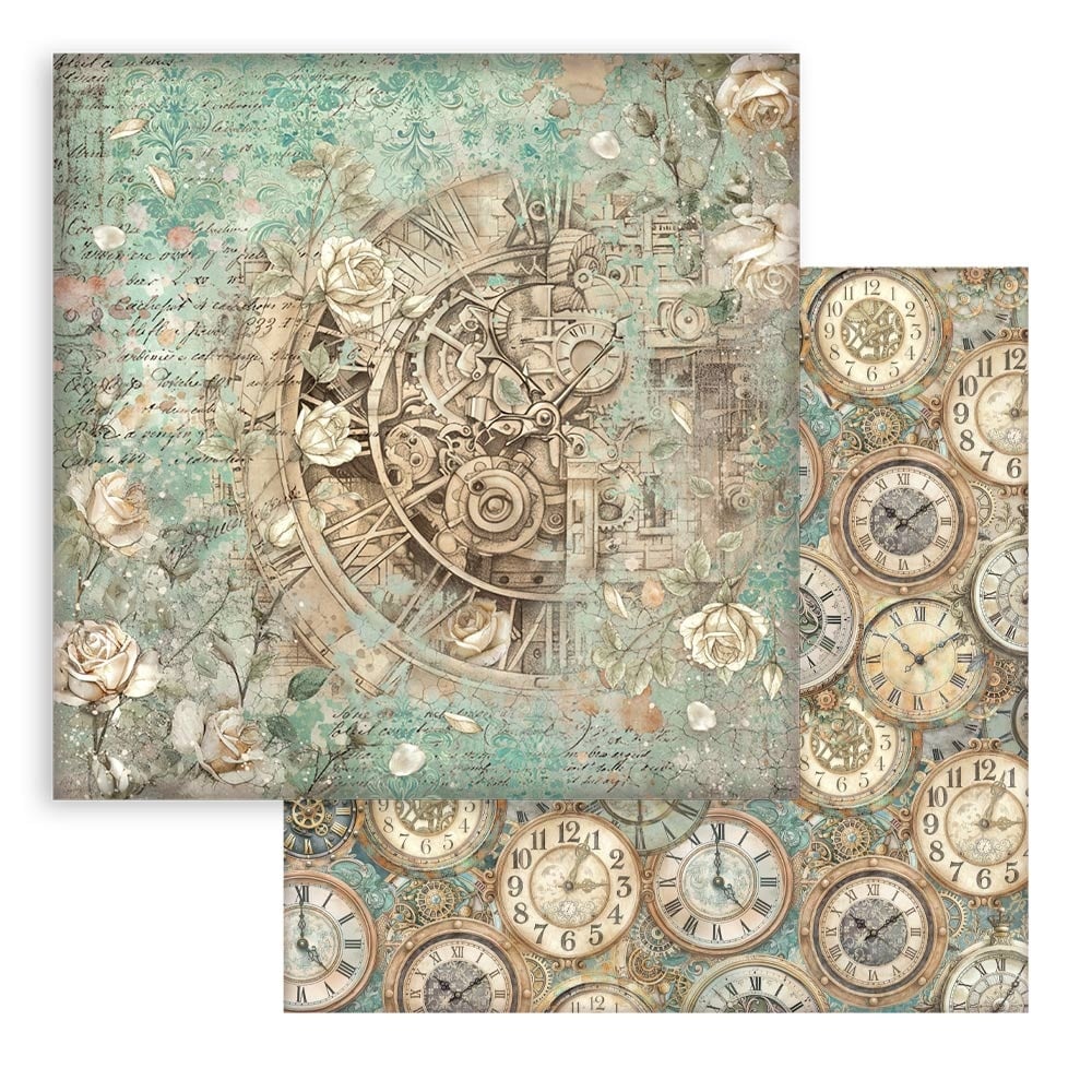 Stamperia Printed Double Face scrapbooking sheet for Art and Craft - Gardens of Time clock and roses