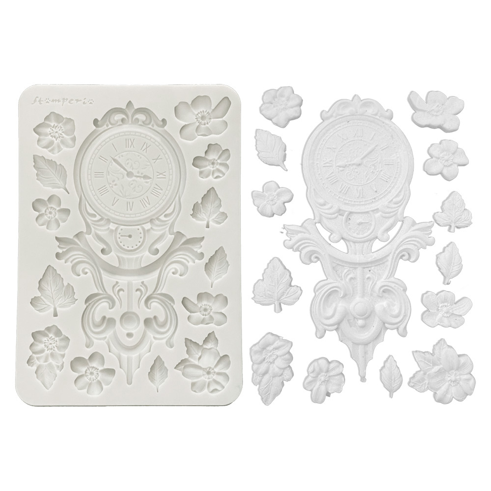 Stamperia Silicon mould Designs A5 for Art and Craft - Gardens of Time clock and flowers