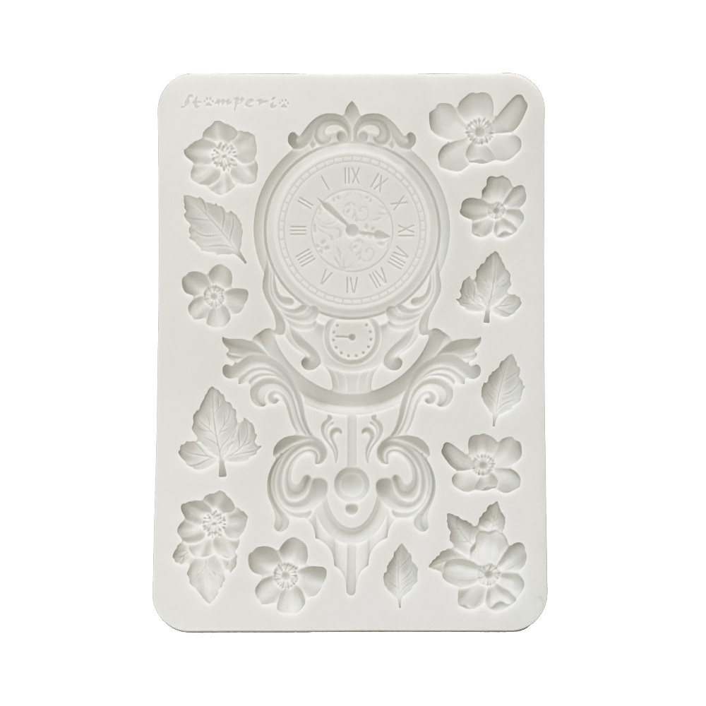 Stamperia Silicon mould Designs A5 for Art and Craft - Gardens of Time clock and flowers