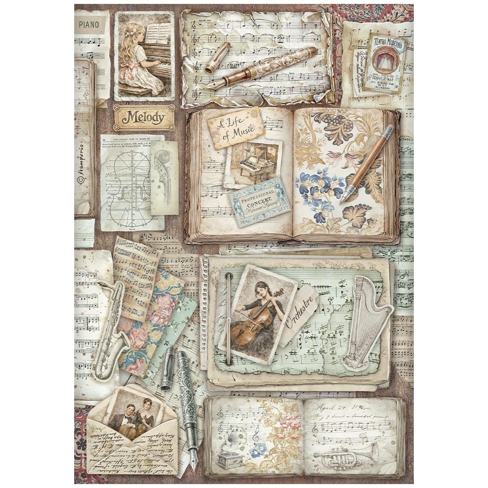 Stamperia Printed 6 Rice paper A4 selection for Art and Craft - Symphony