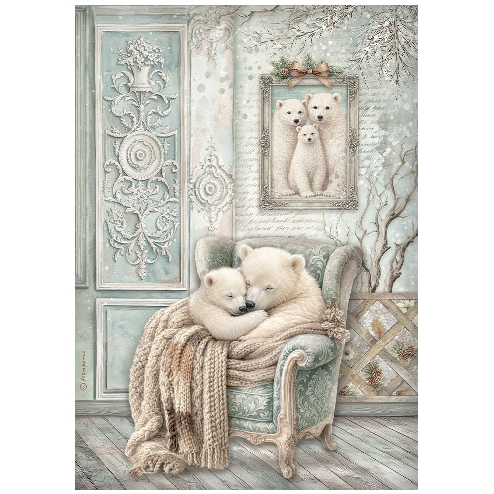 Stamperia Printed A4 Rice paper for Art and Craft - White Christmas cozy bears