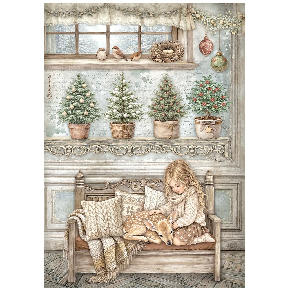 Stamperia Printed A4 Rice paper for Art and Craft - White Christmas little girl and a fawn