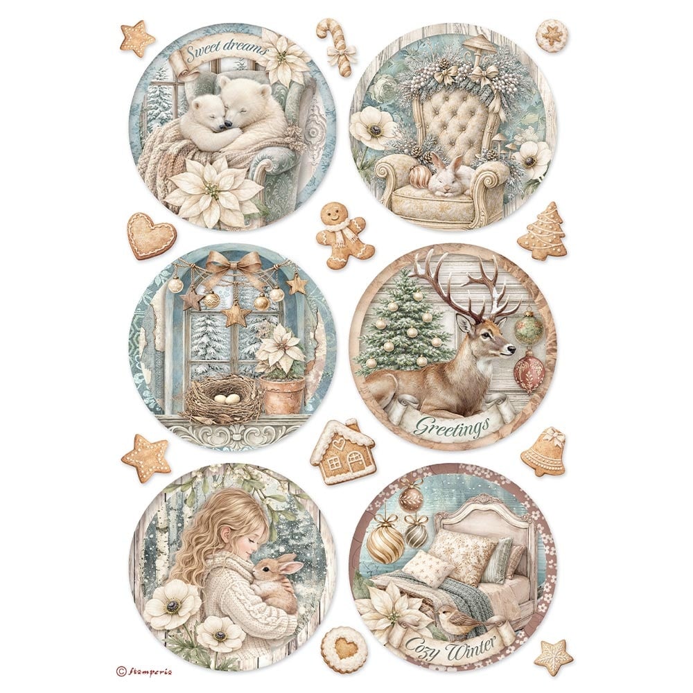 Stamperia Printed 6 Rice paper A4 selection for Art and Craft - White Christmas