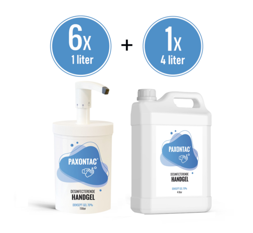 Paxontac Paxontac Desinfecterende Handgel | 1000 ml 6x met Hervulbare Pomp + 4 liter Navulling | 70% Alcohol | Antibacterieel | Biocide Gecertificeerd | Droogt snel en plakt niet