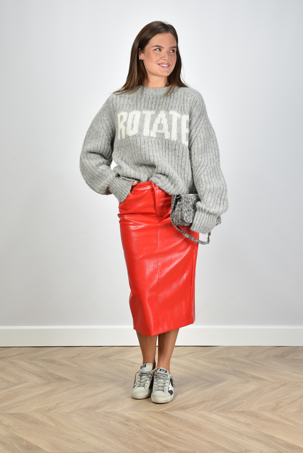 Rotate rok met split textured midi rood