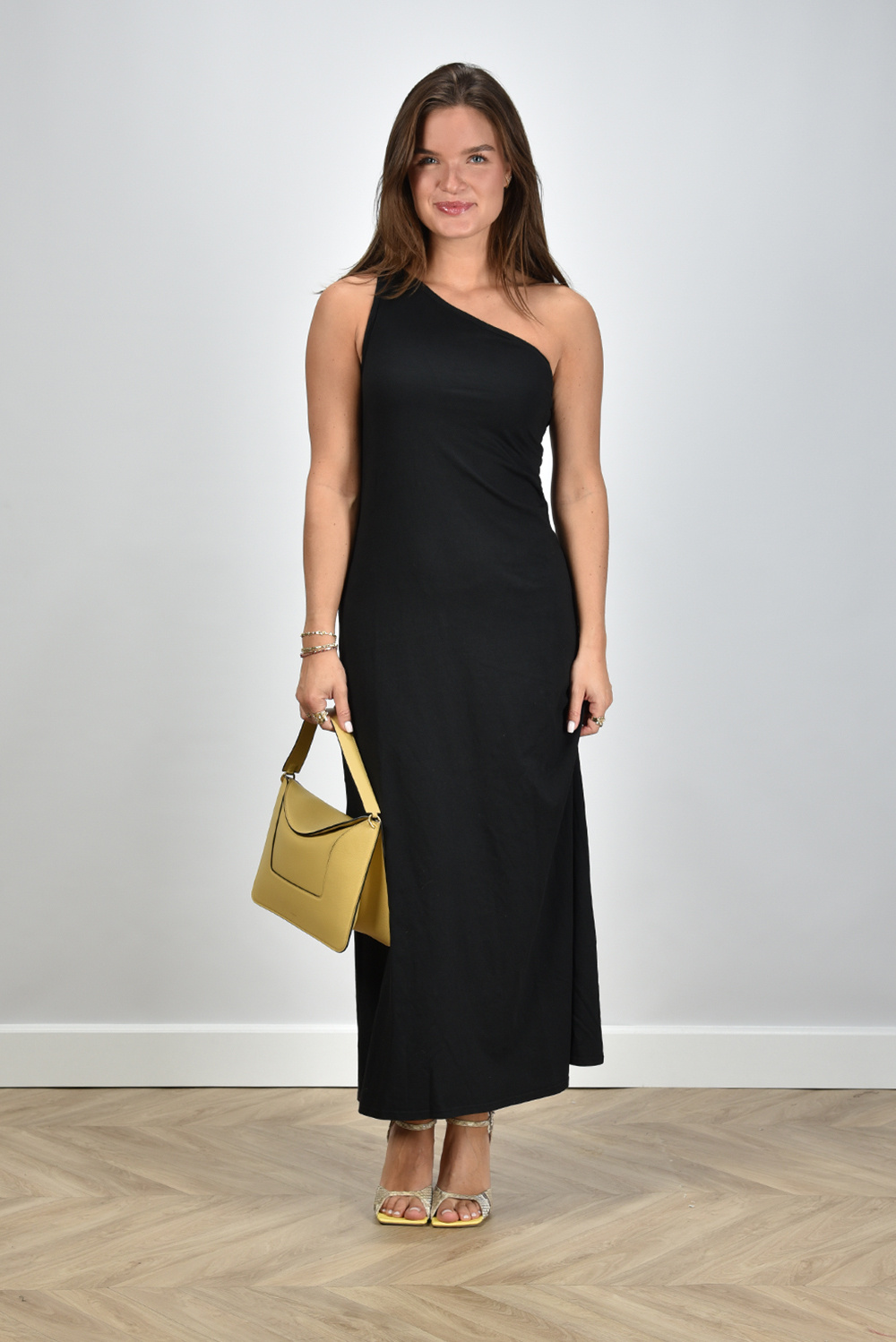 Xirena lange jurk Genevieve one shoulder zwart