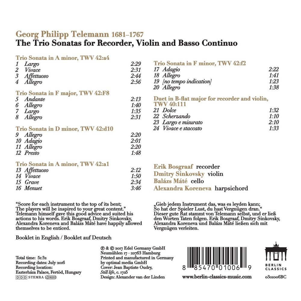 Berlin Classics Telemann: Trio Sonatas - Erik Bosgraaf
