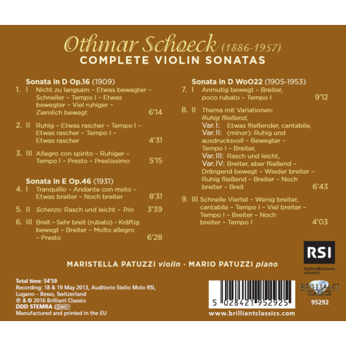 Brilliant Classics Schoeck: Violin Sonatas   Maristella/Mario Patuzzi