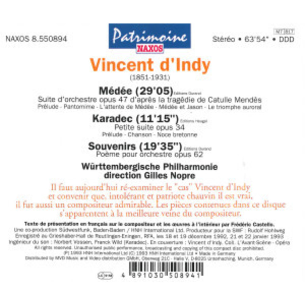 Naxos D'indy: Medee/Karadec/Souvenirs