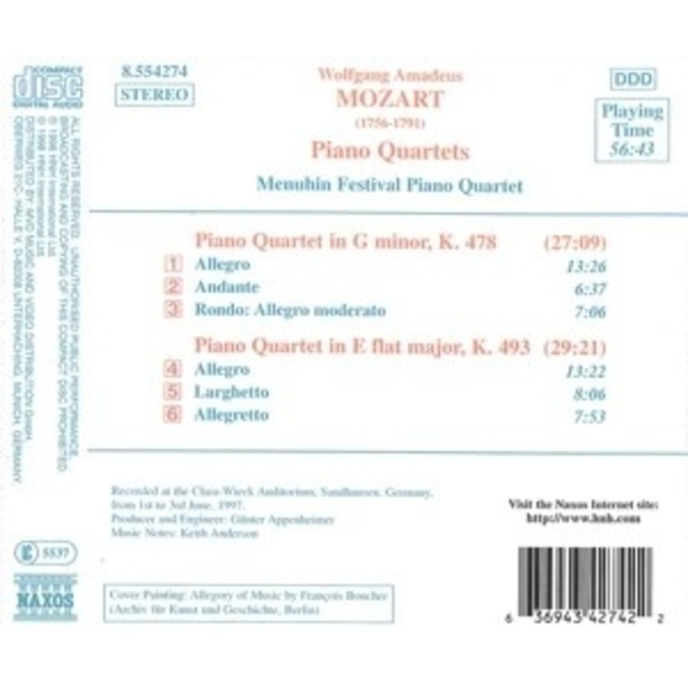 Naxos Mozart: Piano Quar.k.478&K.493