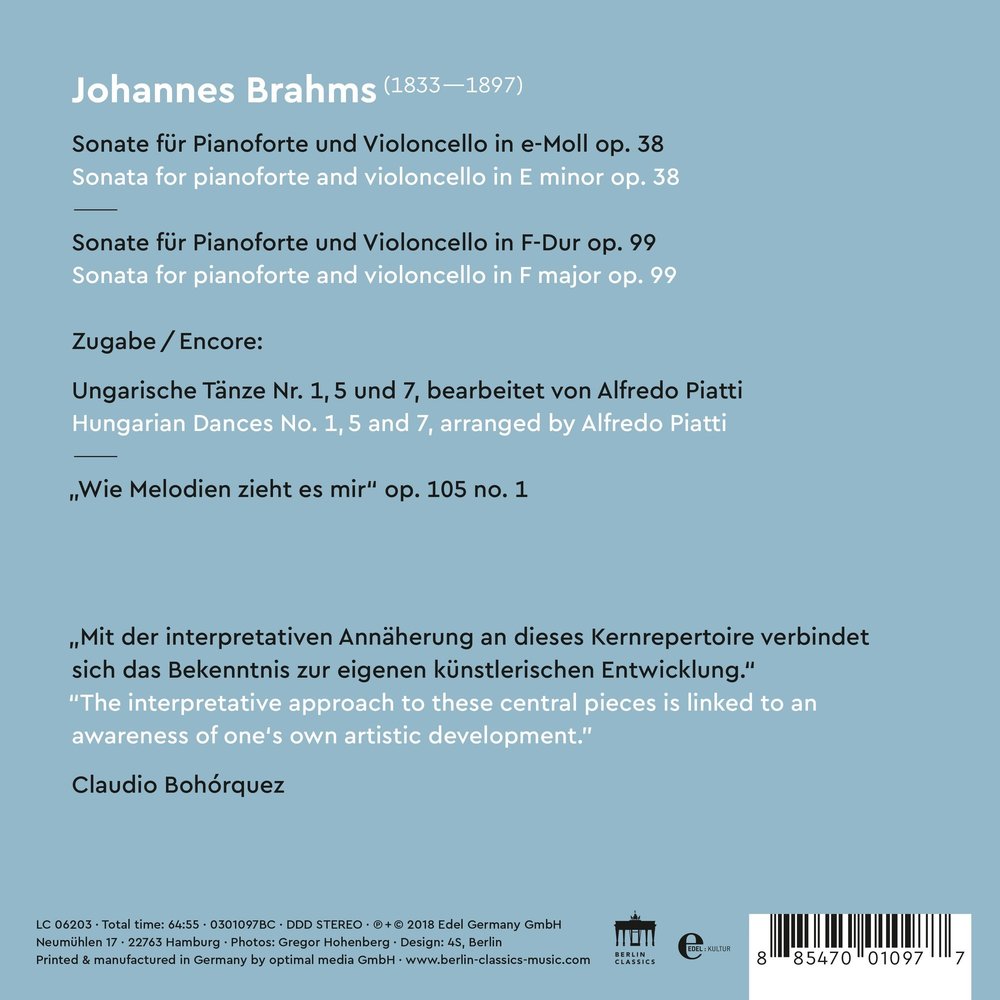 Berlin Classics Johannes Brahms: Opus 38 & 99 –Sonatas for Cello and Piano