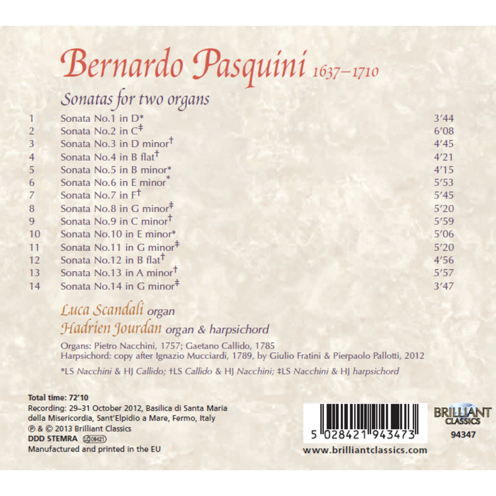 Brilliant Classics Pasquini: Sonatas for Two Organs