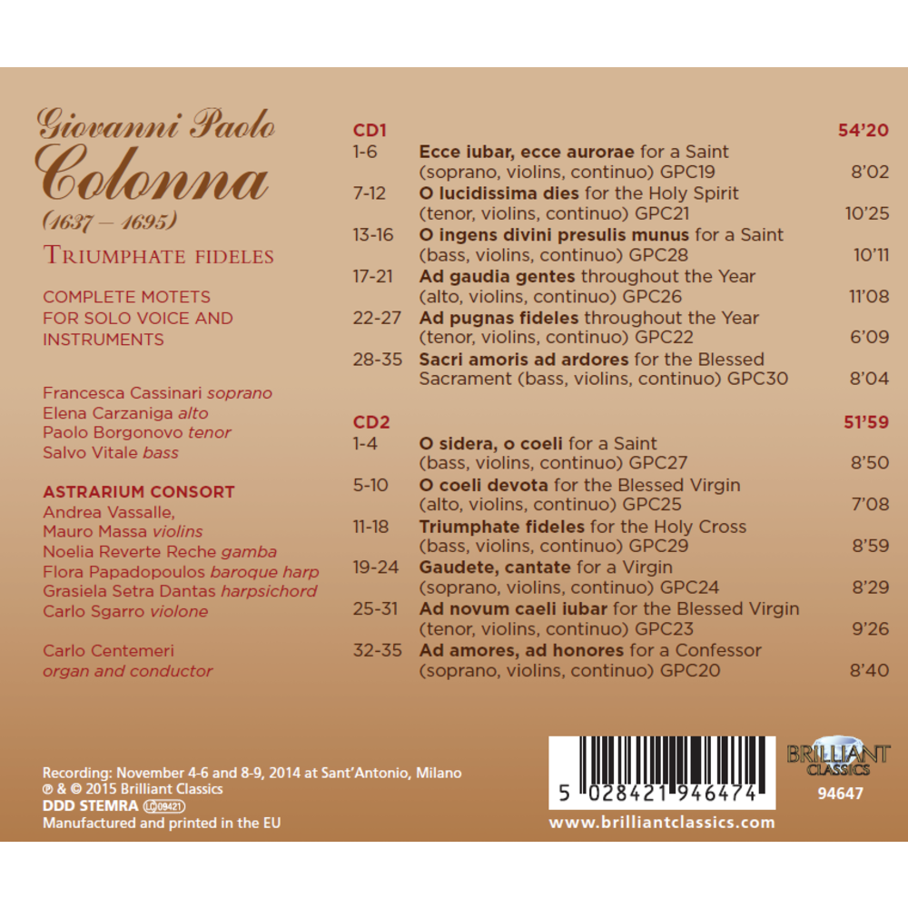 Brilliant Classics Colonna: Triumphate Fideles Complete motets for solo voice and instruments