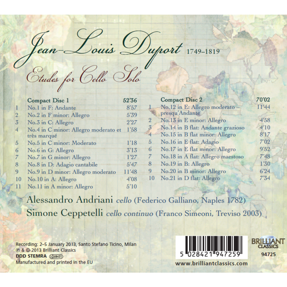 Brilliant Classics Duport: Etudes for Cello Solo