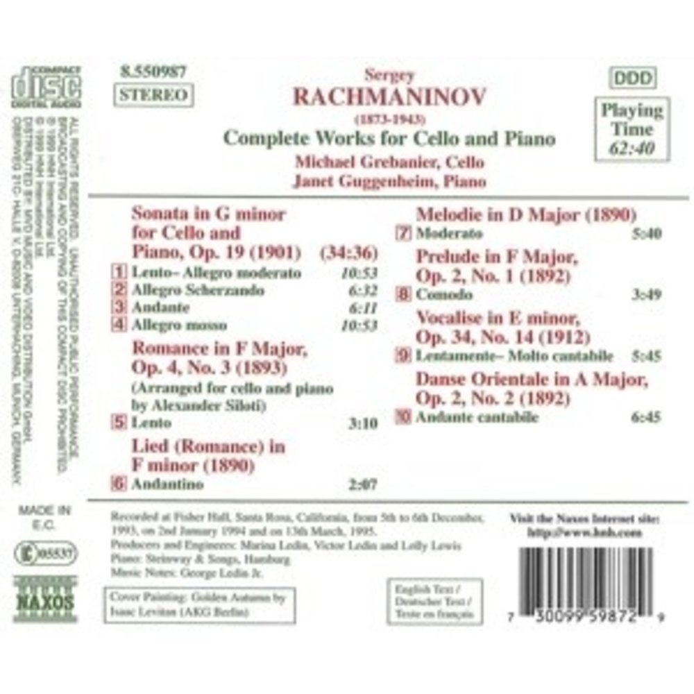 Naxos Rachmaninov:works For Cello