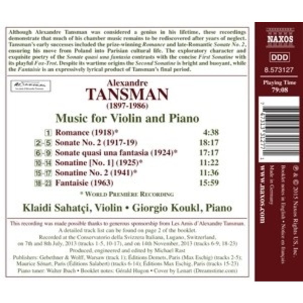 Naxos Alexandre Tansman (1897-1986)Music For Violin And
