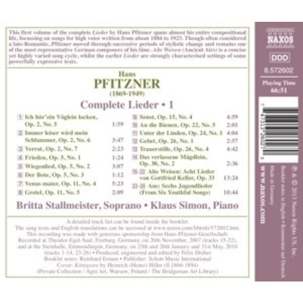 Naxos Pfitzner: Complete Lieder 1
