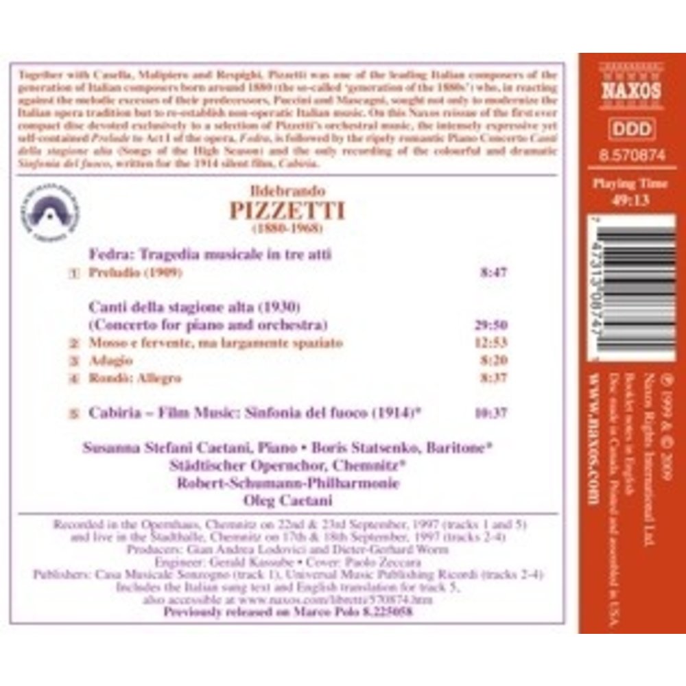Naxos Pizzetti: Canti Della Stagione Alta