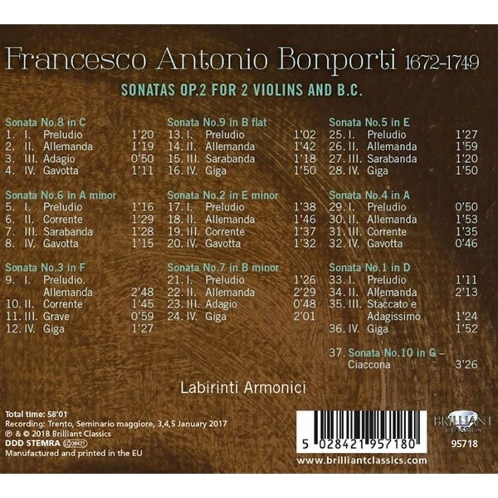 Brilliant Classics BONPORTI: Sonatas Op.2 for 2 Violins and B.c.