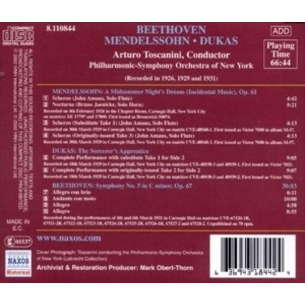 Toscanini: Beethoven.mendelsso